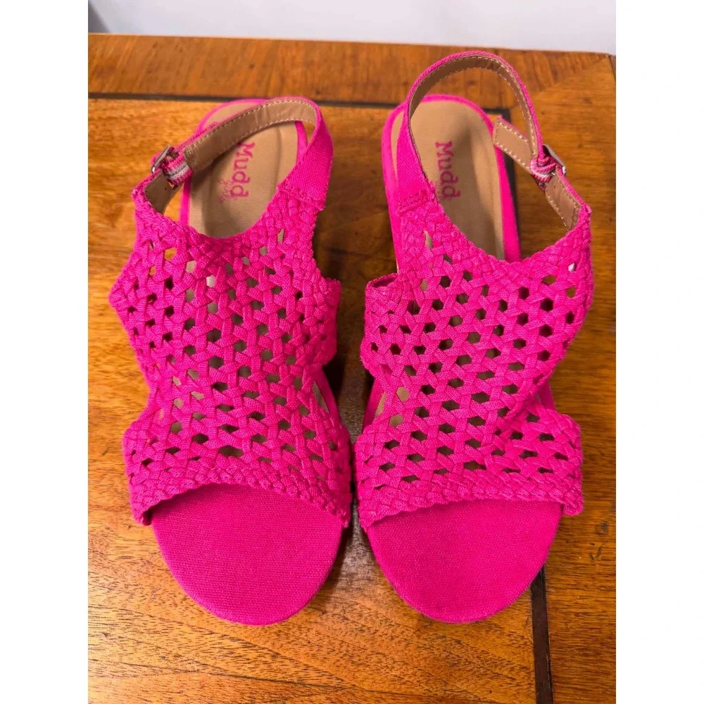 Mudd Girls Hot Pink Woven Wedge Sandals Size 5 Pink Cork Heel Strappy Shoes